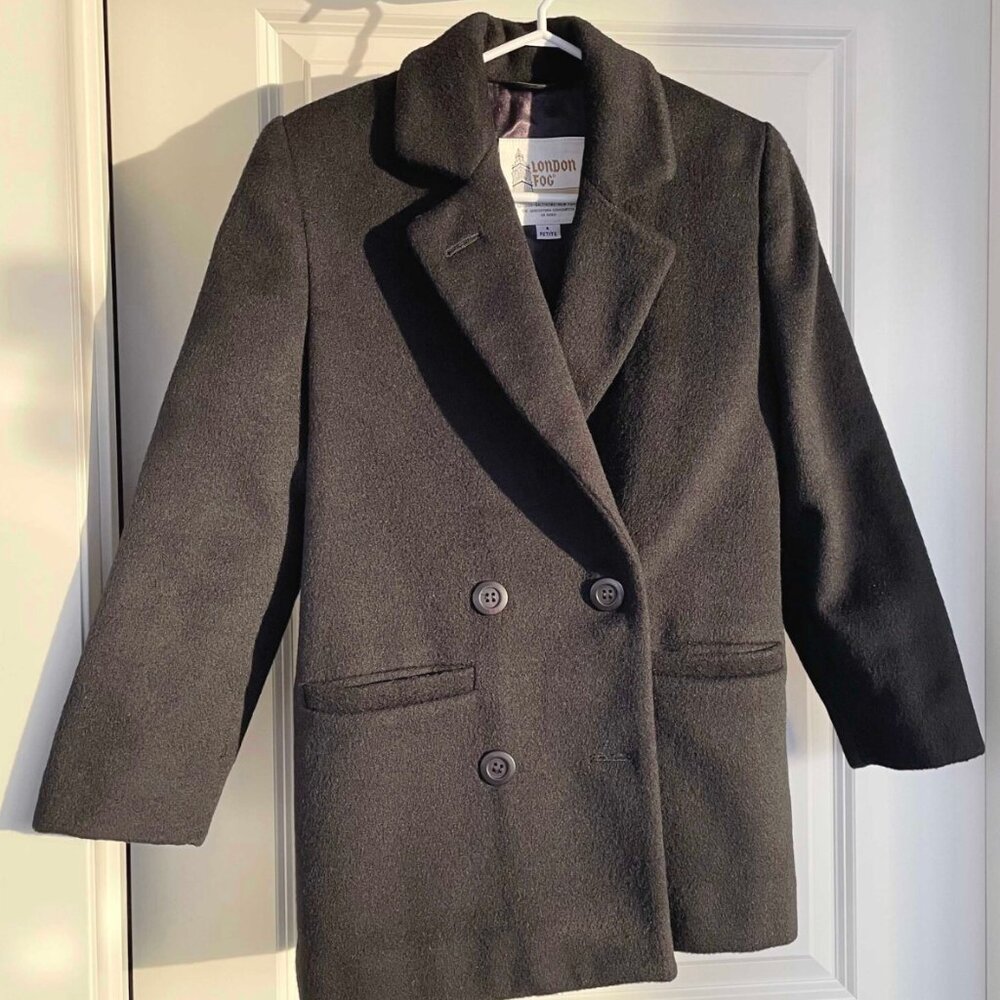 Vintage London Fog Wool Blazer Coat: Retro Black Double Breasted, Size Medium